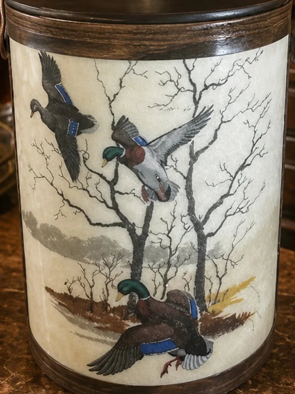 Vintage Mallard Duck Ice Bucket With Detailed Wildlife and Leather Swing Handle